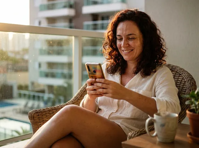 Moradora usando o app do condomínio pelo celular, na varanda do apartamento