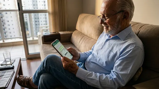 Condômino idoso recebendo a 2ª via do boleto pelo WhatsApp, sentado no sofá de casa