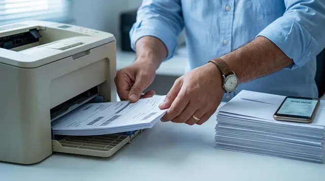 Boletos saindo da impressora ao lado de uma pilha já emitida