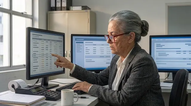 Profissional do administrativo conferindo o balancete na tela do sistema