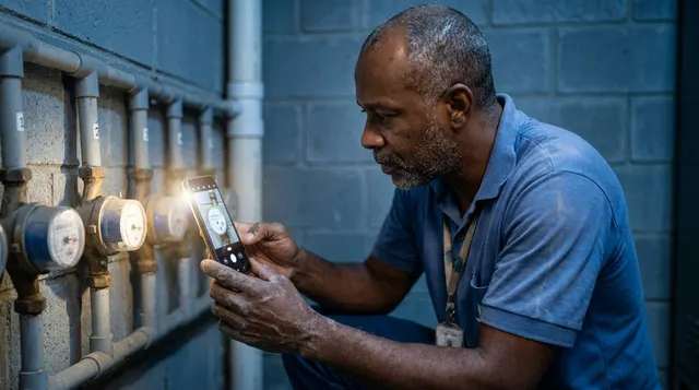 Leiturista fotografando o hidrômetro pelo celular na área dos medidores