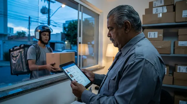 Porteiro registrando a entrega de um entregador no tablet da portaria