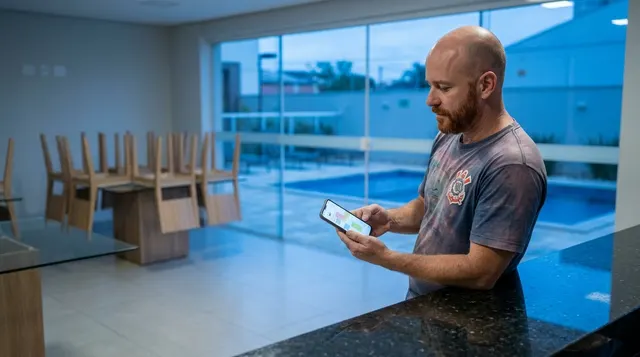 Morador reservando o salão de festas pelo celular, ao lado da piscina do condomínio