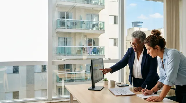 Duas gestoras de uma administradora analisando indicadores na tela, com um edifício residencial ao fundo