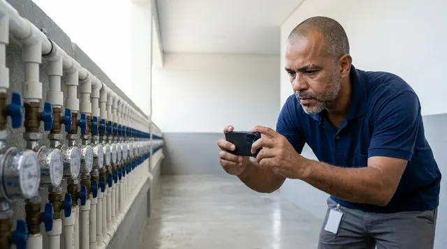 Leiturista fotografando a bateria de hidrômetros do condomínio pelo celular